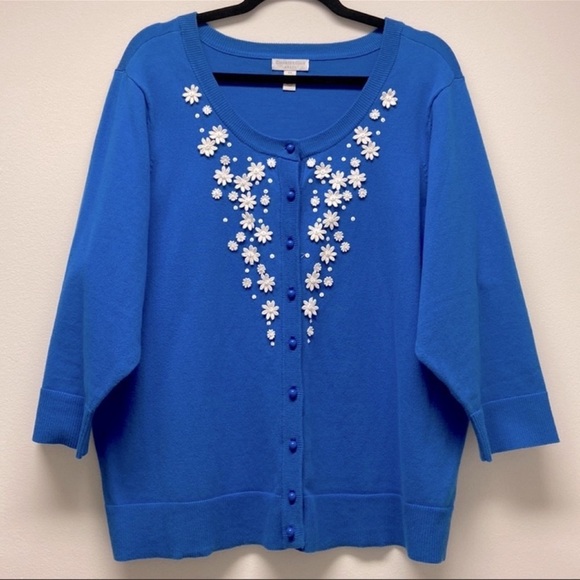 CHARTER CLUB Summer Splash Cardigan 3D Floral Appliqué in Blue Bell‎ Women’s 3X - Picture 8 of 8